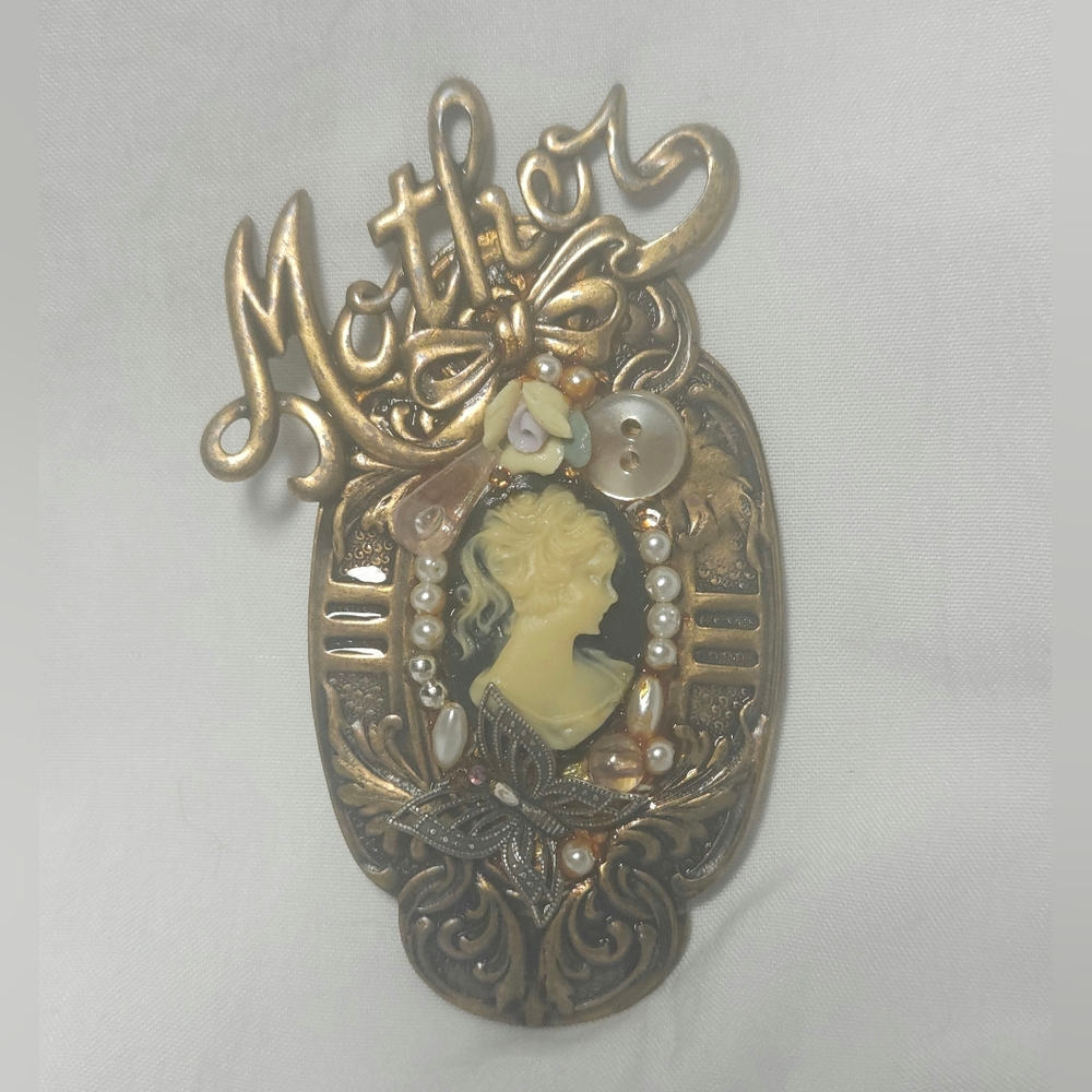 Antique Mother Pearl Flower Button Butterfly Beaded Brooch Pin